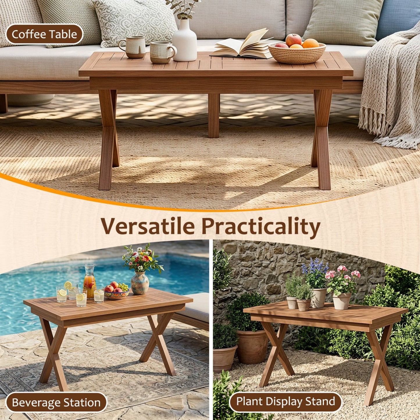 31.5" Teak Wood Outdoor Coffee Table, Slatted Patio Top