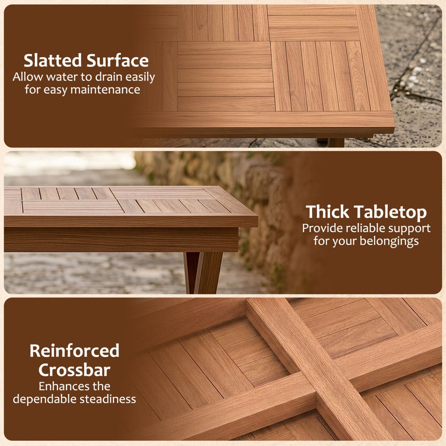 31.5" Teak Wood Outdoor Coffee Table, Slatted Patio Top