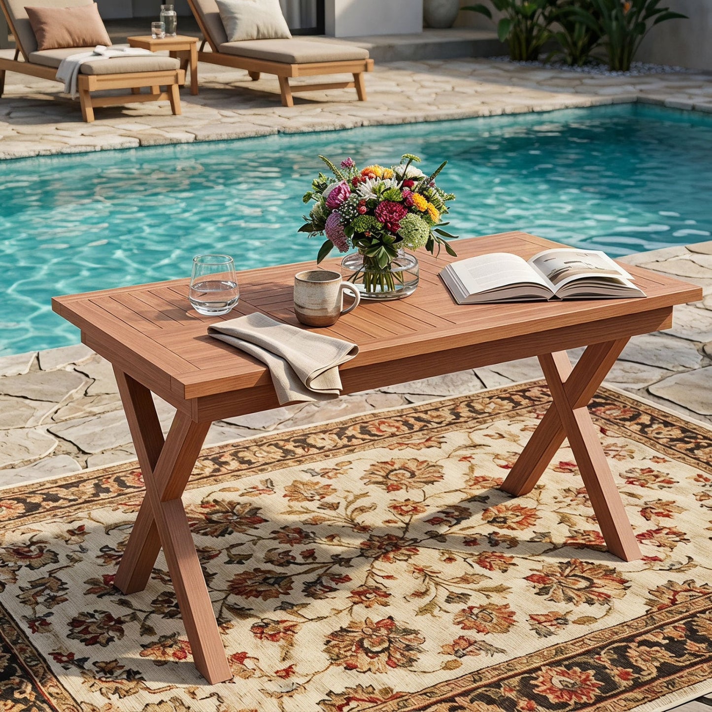 31.5" Teak Wood Outdoor Coffee Table, Slatted Patio Top