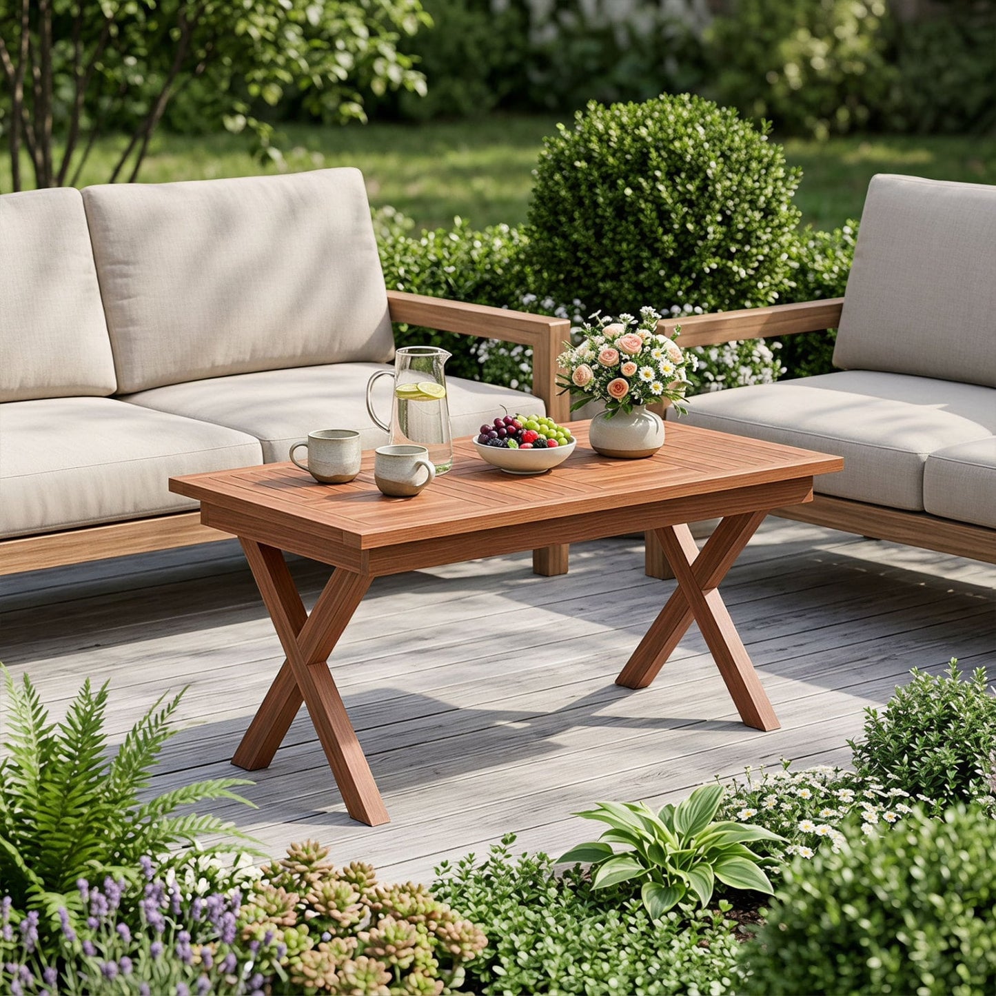 31.5" Teak Wood Outdoor Coffee Table, Slatted Patio Top