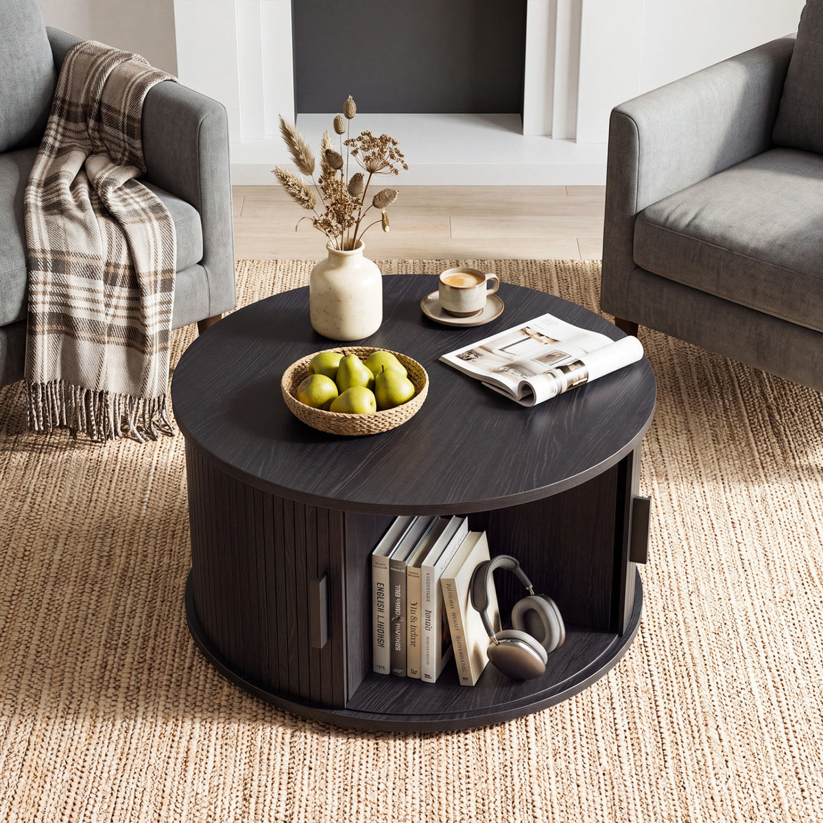 Table basse ronde de 31,5" avec rangement, porte tambour coulissante, noir