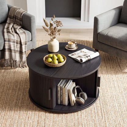 Table basse ronde de 31,5" avec rangement, porte tambour coulissante, noir