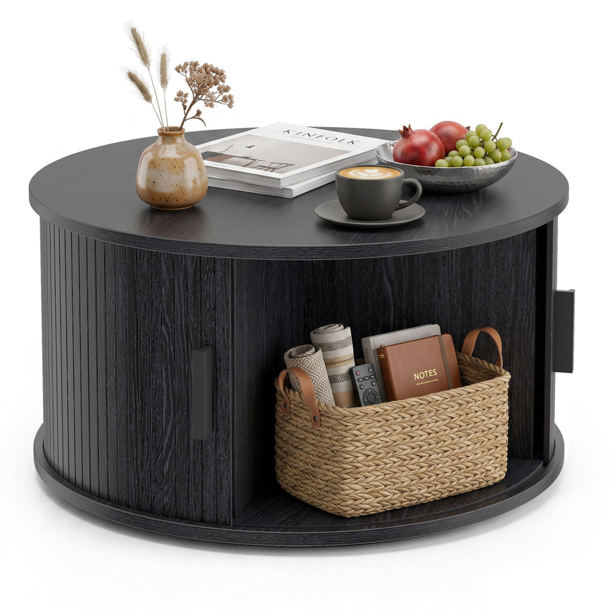 Table basse ronde de 31,5" avec rangement, porte tambour coulissante, noir