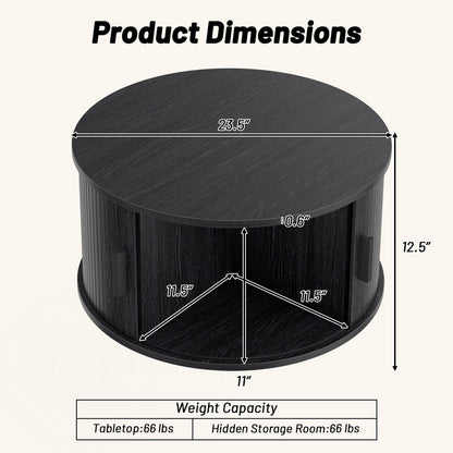 Table basse ronde de 31,5" avec rangement, porte tambour coulissante, noir