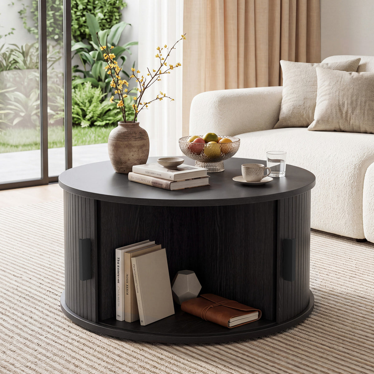 Table basse ronde de 31,5" avec rangement, porte tambour coulissante, noir