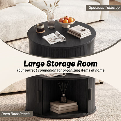 Table basse ronde de 31,5" avec rangement, porte tambour coulissante, noir