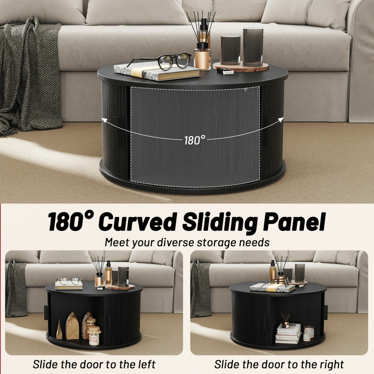 Table basse ronde de 31,5" avec rangement, porte tambour coulissante, noir