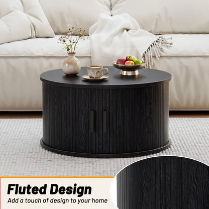 Table basse ronde de 31,5" avec rangement, porte tambour coulissante, noir