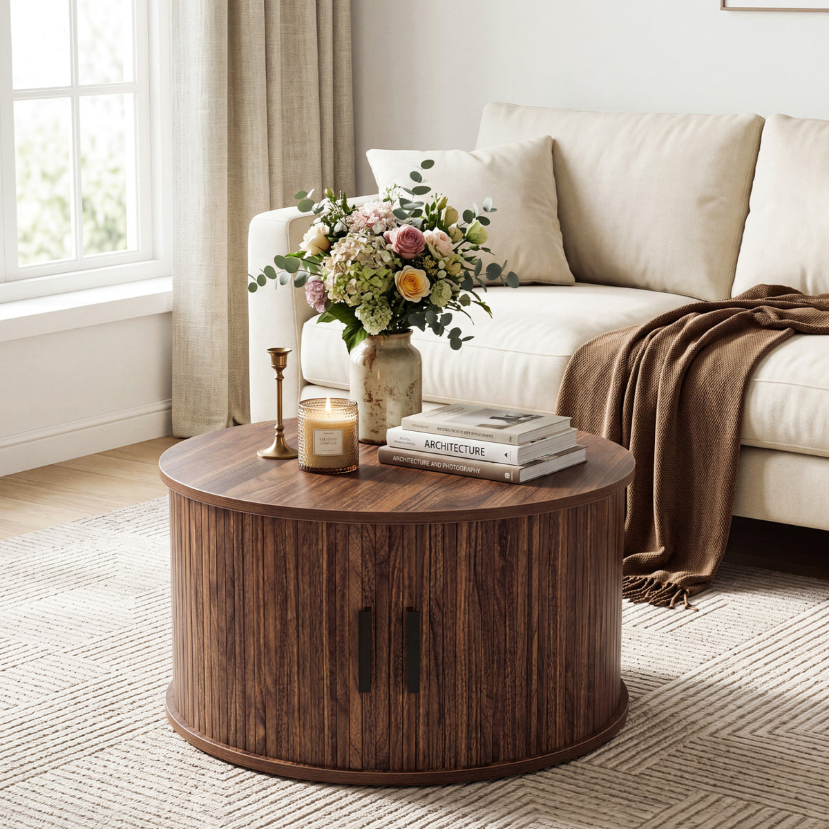 Table basse ronde de 31,5", rangement, porte tambour coulissante, noyer