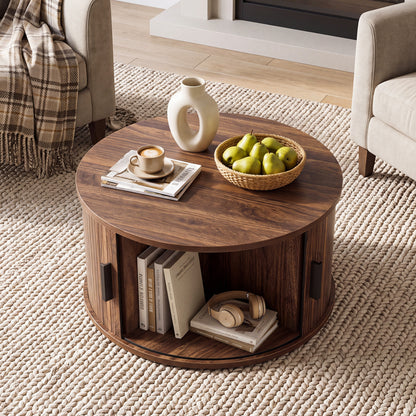 Table basse ronde de 31,5", rangement, porte tambour coulissante, noyer