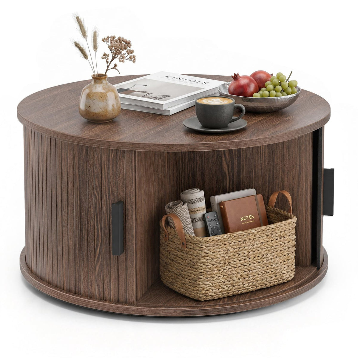 Table basse ronde de 31,5", rangement, porte tambour coulissante, noyer