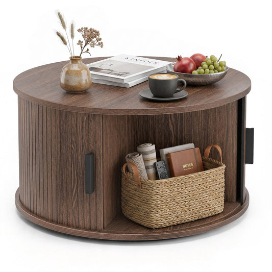 31.5" Round Coffee Table, Storage, Sliding Tambour Door, Walnut Coffee Tables Walnut at Gallery Canada