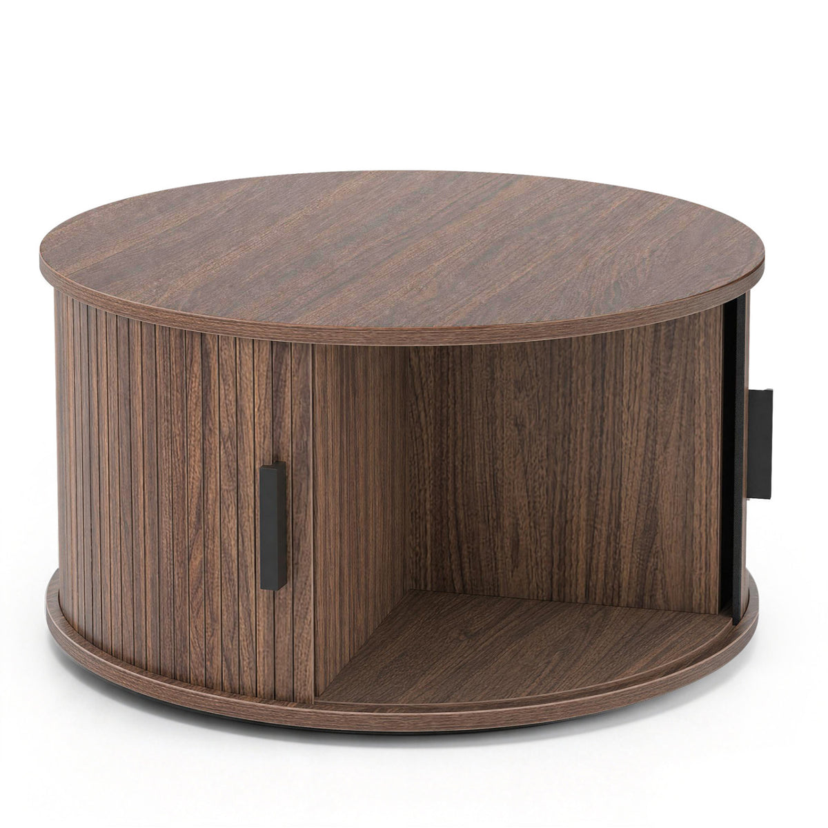 Table basse ronde de 31,5", rangement, porte tambour coulissante, noyer