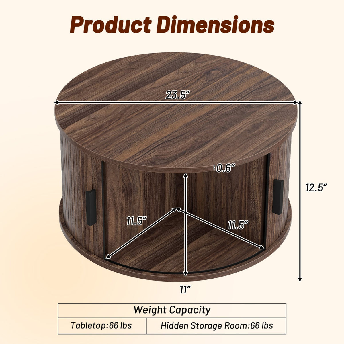 Table basse ronde de 31,5", rangement, porte tambour coulissante, noyer