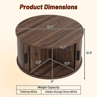 Table basse ronde de 31,5", rangement, porte tambour coulissante, noyer