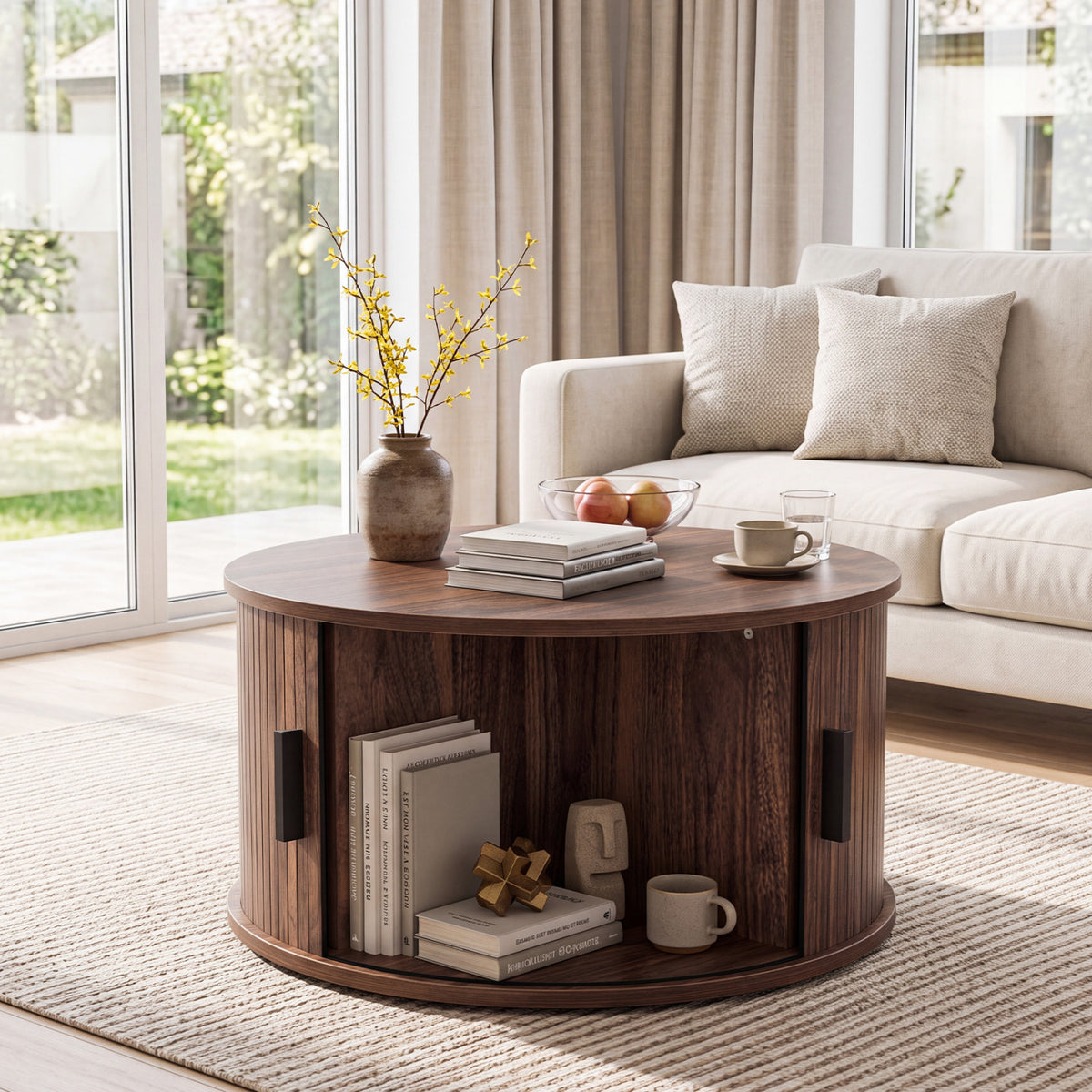 Table basse ronde de 31,5", rangement, porte tambour coulissante, noyer