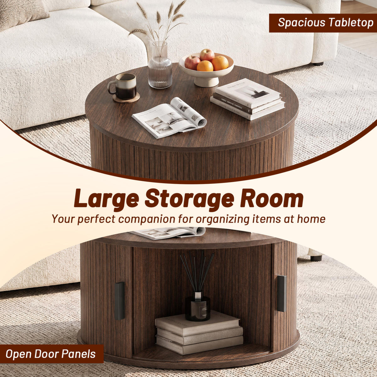 Table basse ronde de 31,5", rangement, porte tambour coulissante, noyer