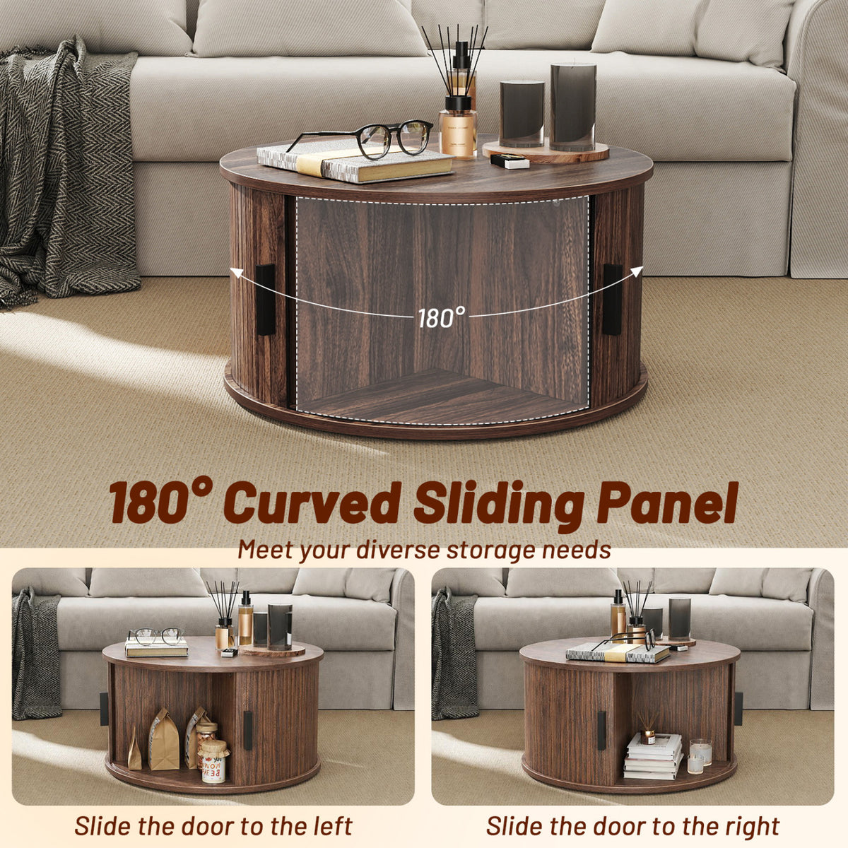 Table basse ronde de 31,5", rangement, porte tambour coulissante, noyer