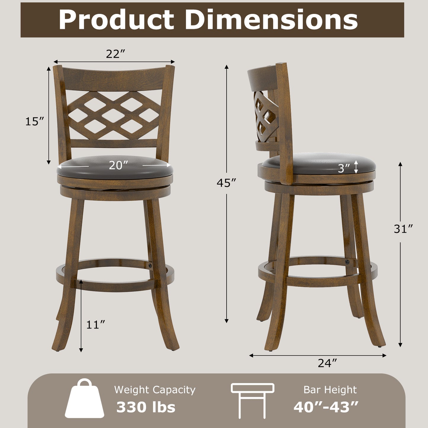 31 Inch Counter Height Bar Stools Set of 2 with Rubber Wood Frame, Brown Bar Stools at Gallery Canada
