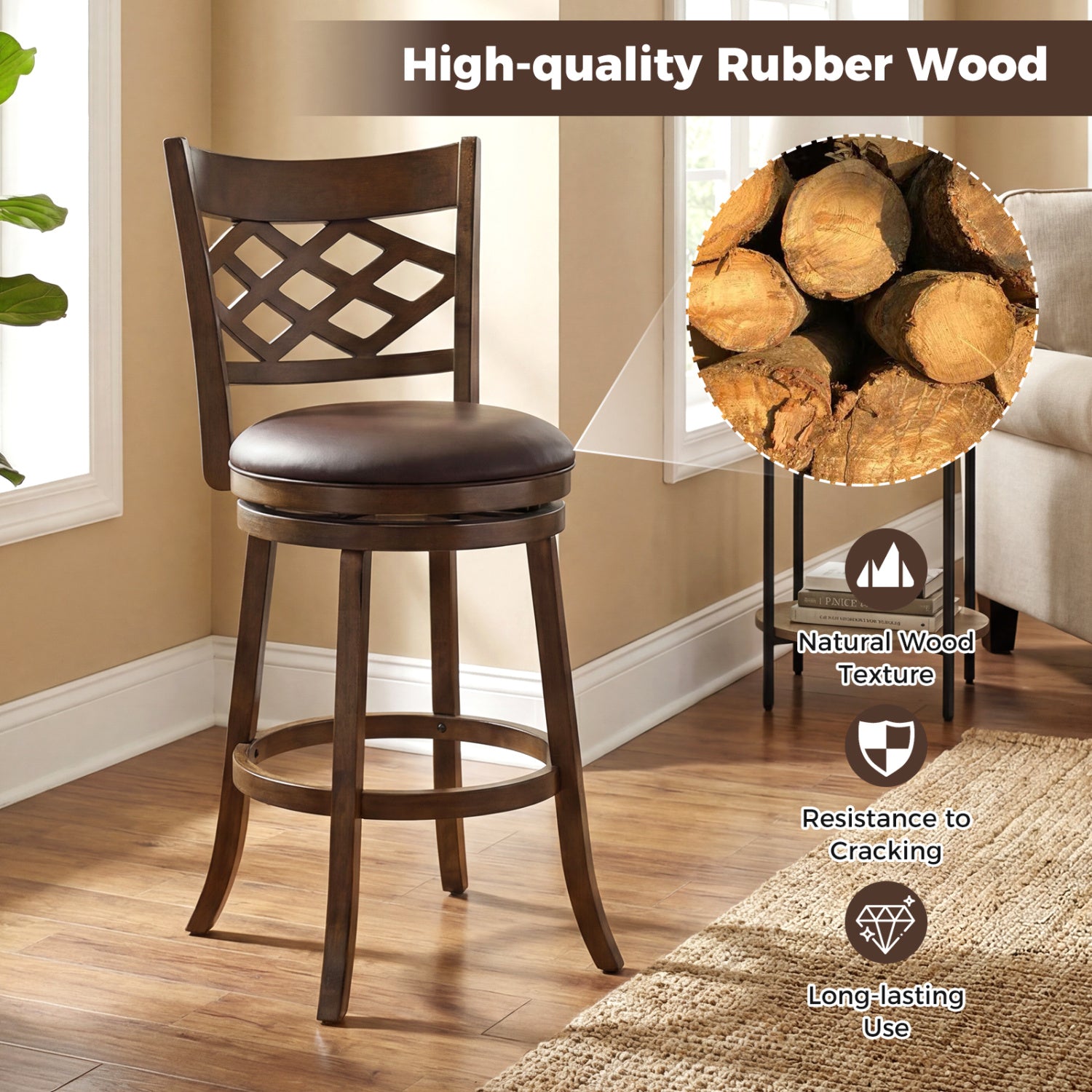 31 Inch Counter Height Bar Stools Set of 2 with Rubber Wood Frame, Brown Bar Stools at Gallery Canada