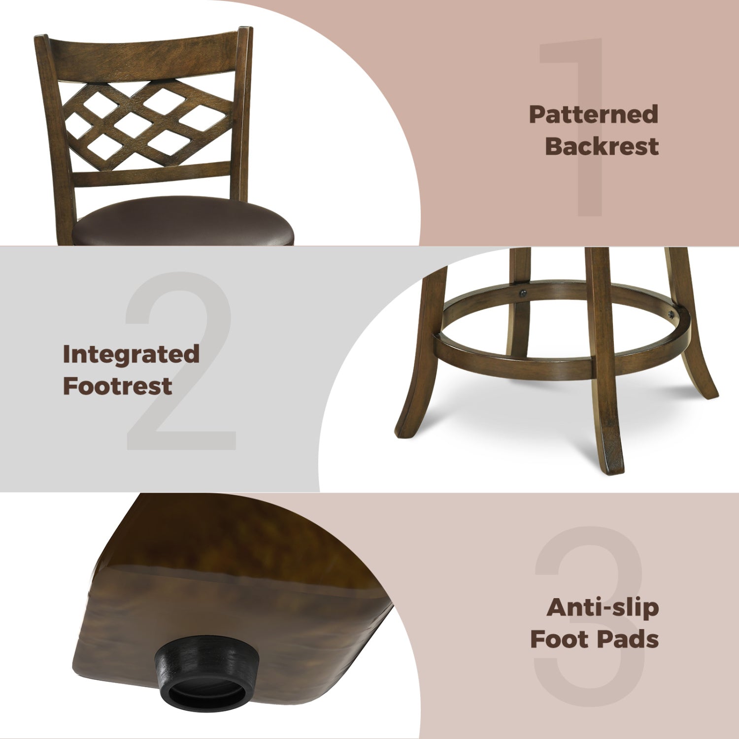 31 Inch Counter Height Bar Stools Set of 2 with Rubber Wood Frame, Brown Bar Stools at Gallery Canada
