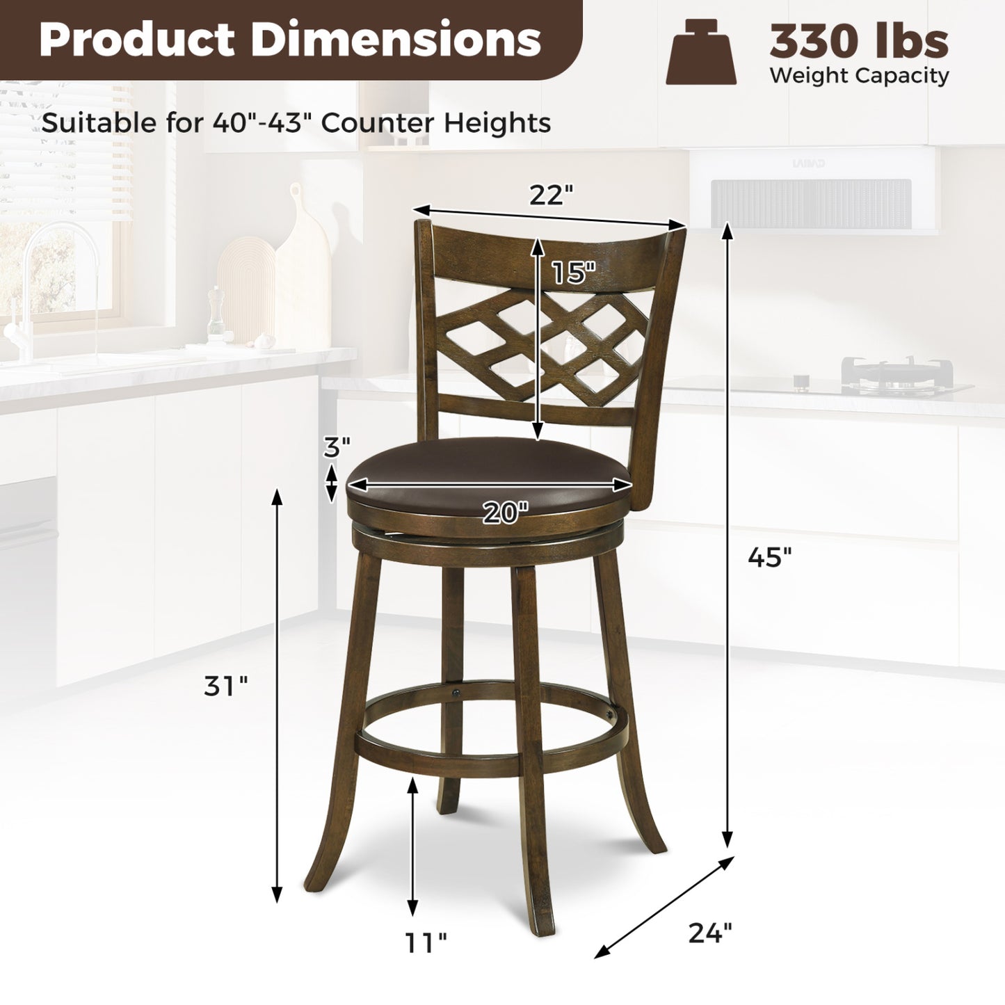 31 Inch Counter Height Bar Stools Set of 2 with Rubber Wood Frame, Brown Bar Stools at Gallery Canada