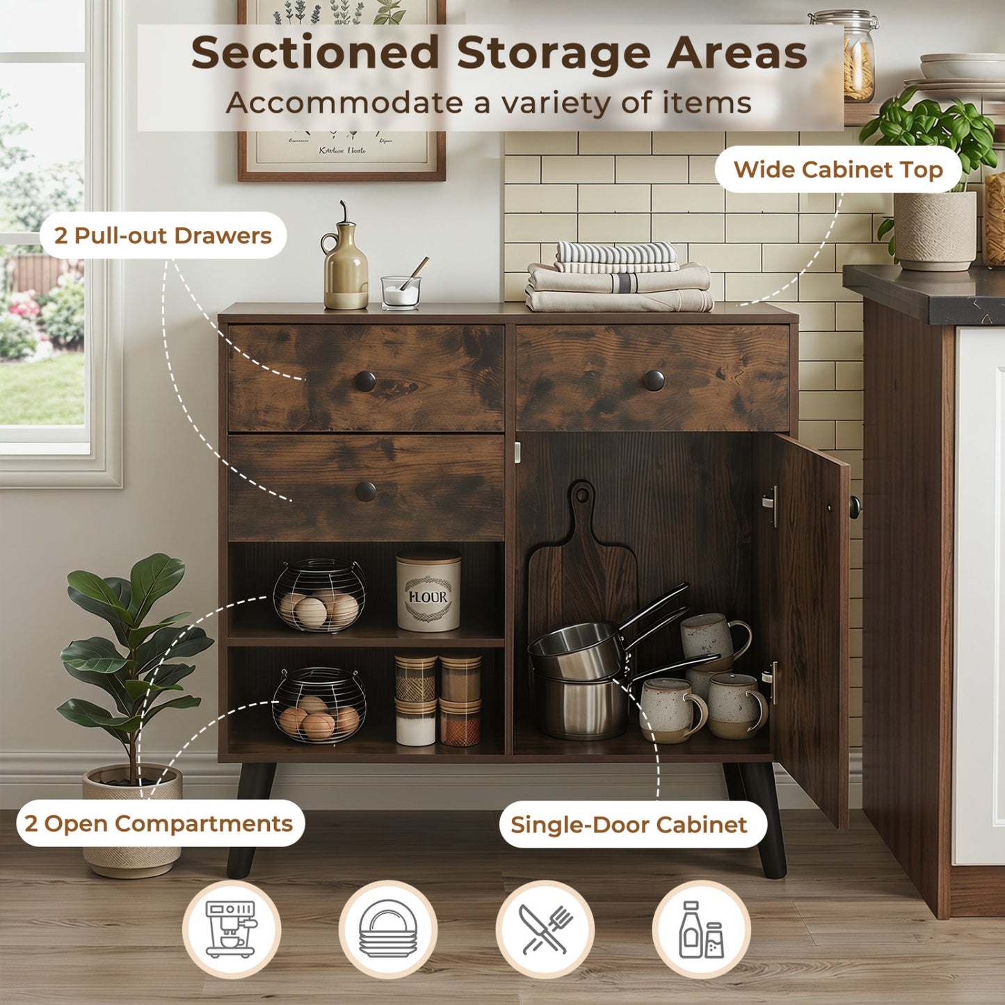 31" Sideboard Cabinet with 2 Open Compartments and 2 Drawers, Rustic Brown Sideboards Cabinets & Buffets at Gallery Canada