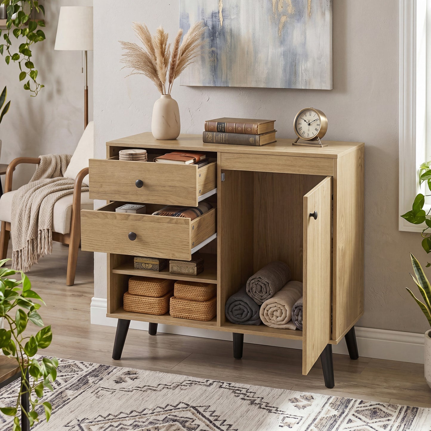 31" Sideboard Cabinet with 2 Open Compartments and 2 Drawers-Natrual, Natural Sideboards Cabinets & Buffets at Gallery Canada