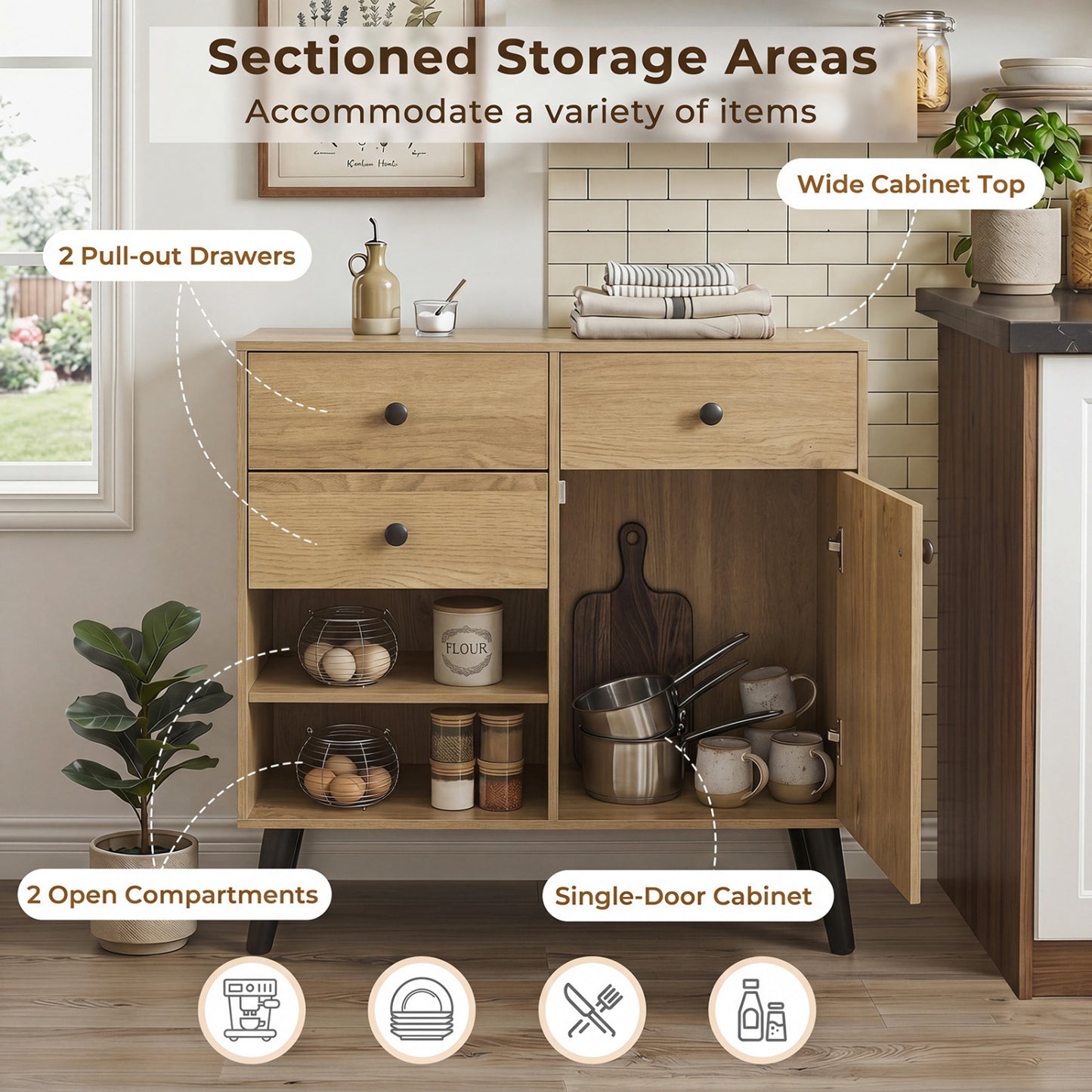 31" Sideboard Cabinet with 2 Open Compartments and 2 Drawers-Natrual, Natural Sideboards Cabinets & Buffets at Gallery Canada