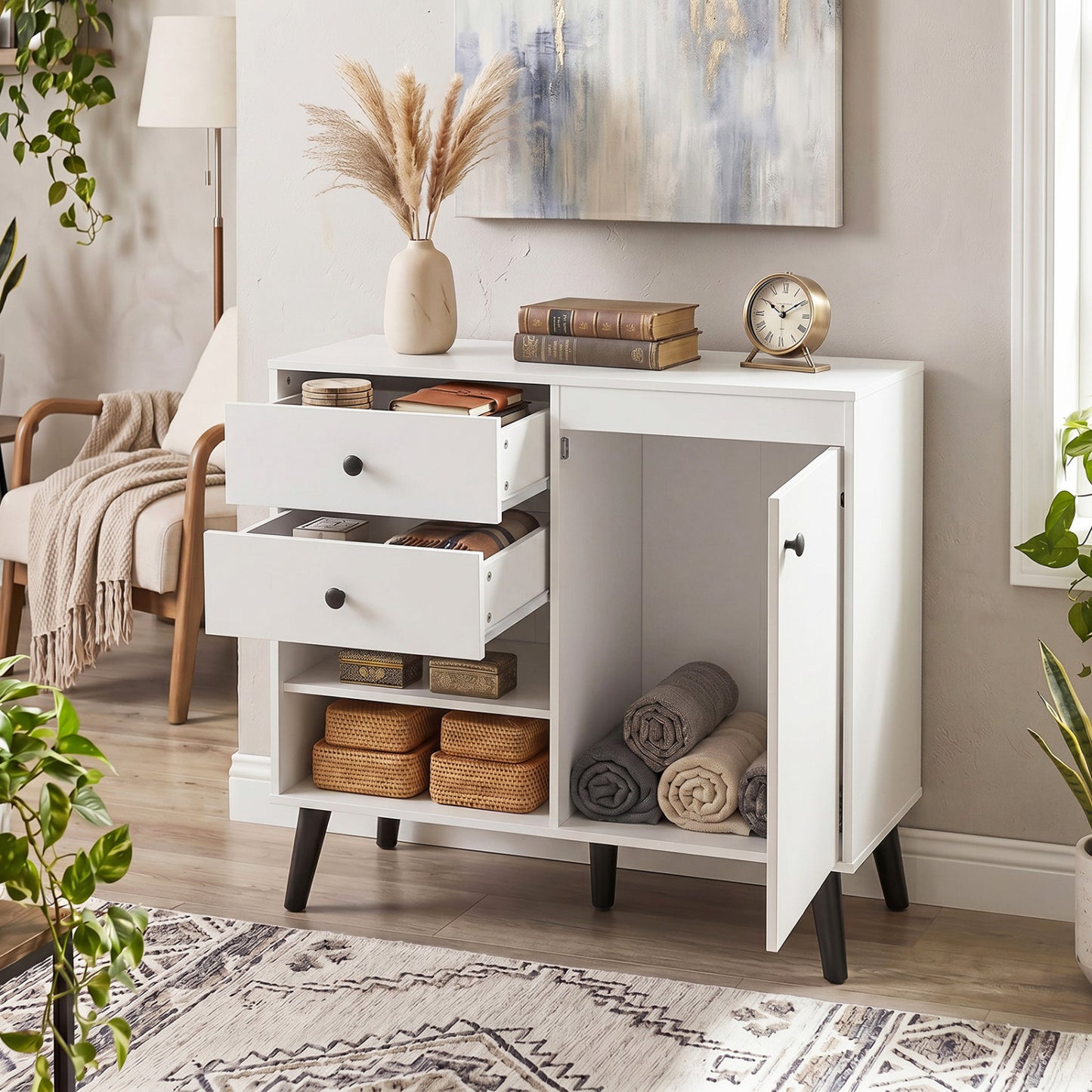 31" Sideboard Cabinet with 2 Open Compartments and 2 Drawers, White Sideboards Cabinets & Buffets at Gallery Canada