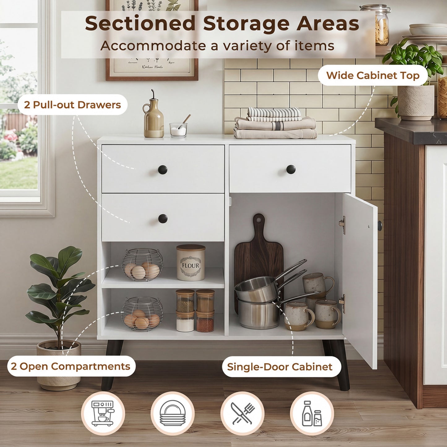 31" Sideboard Cabinet with 2 Open Compartments and 2 Drawers, White Sideboards Cabinets & Buffets at Gallery Canada