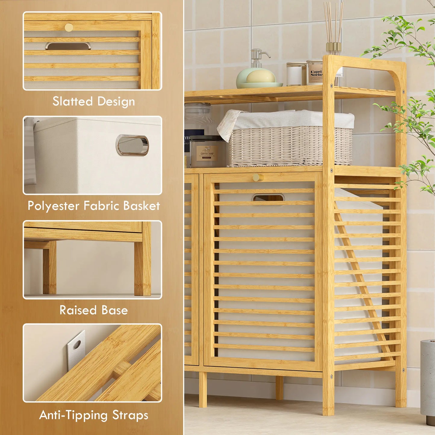 Tilt Out Laundry Hamper, Bamboo Cabinet with 2 Baskets, 2 Shelves, Natural Bathroom Cabinets at Gallery Canada