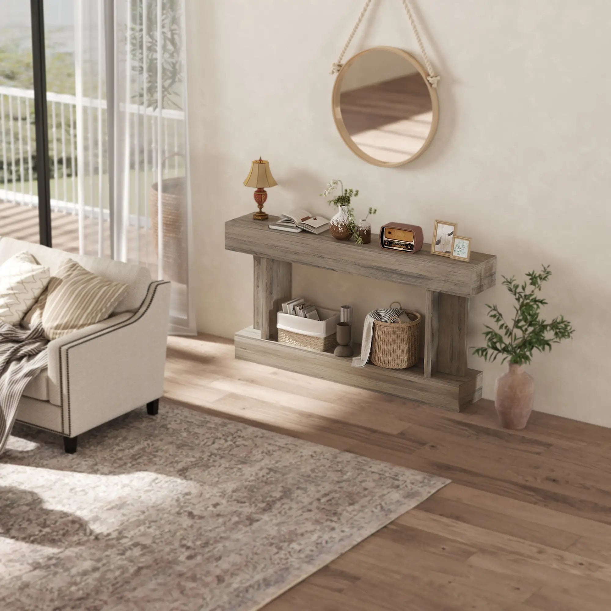 63 Inch Console Table, Vintage Narrow with Storage Shelf, Light Brown Console Tables at Gallery Canada