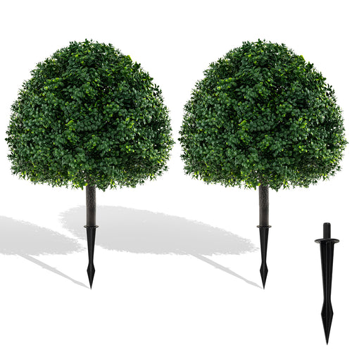 28 Inches Artificial Boxwood Topiary Ball Tree Set of 2 with Ground Spike, Green