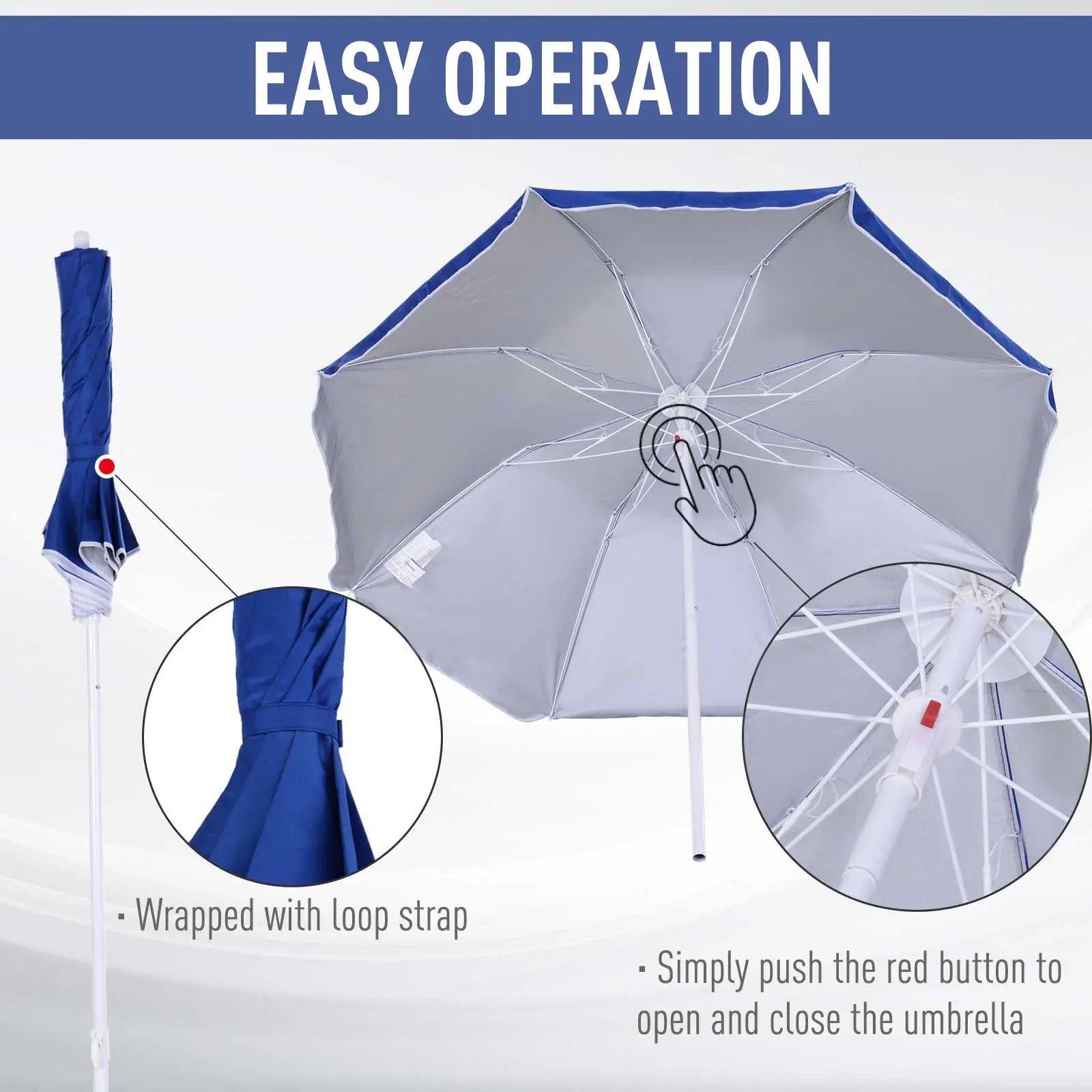 6.7ft Beach Umbrella, Push Button Tilt, Ruffled, Blue Beach Umbrellas at Gallery Canada