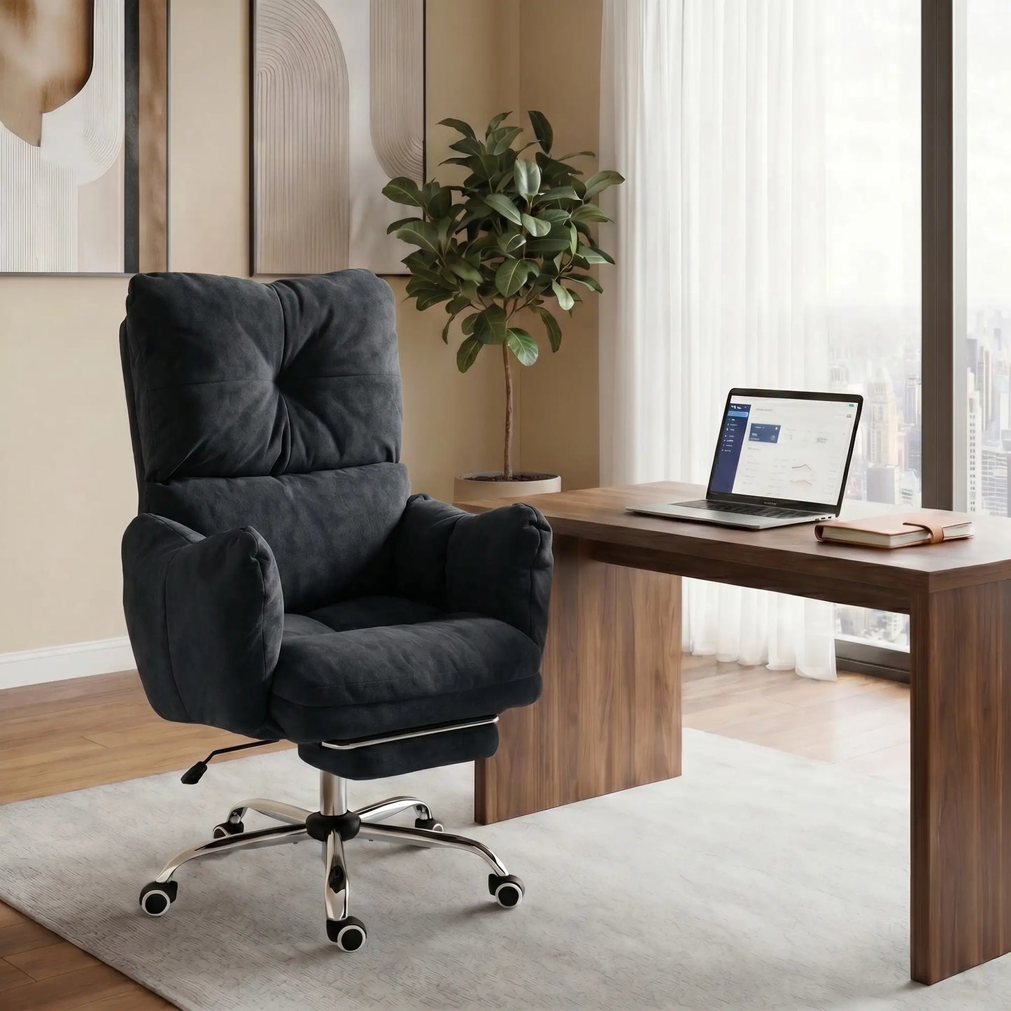 Ergonomic Office Gaming Chair With Foot Rest, Fabric, Black