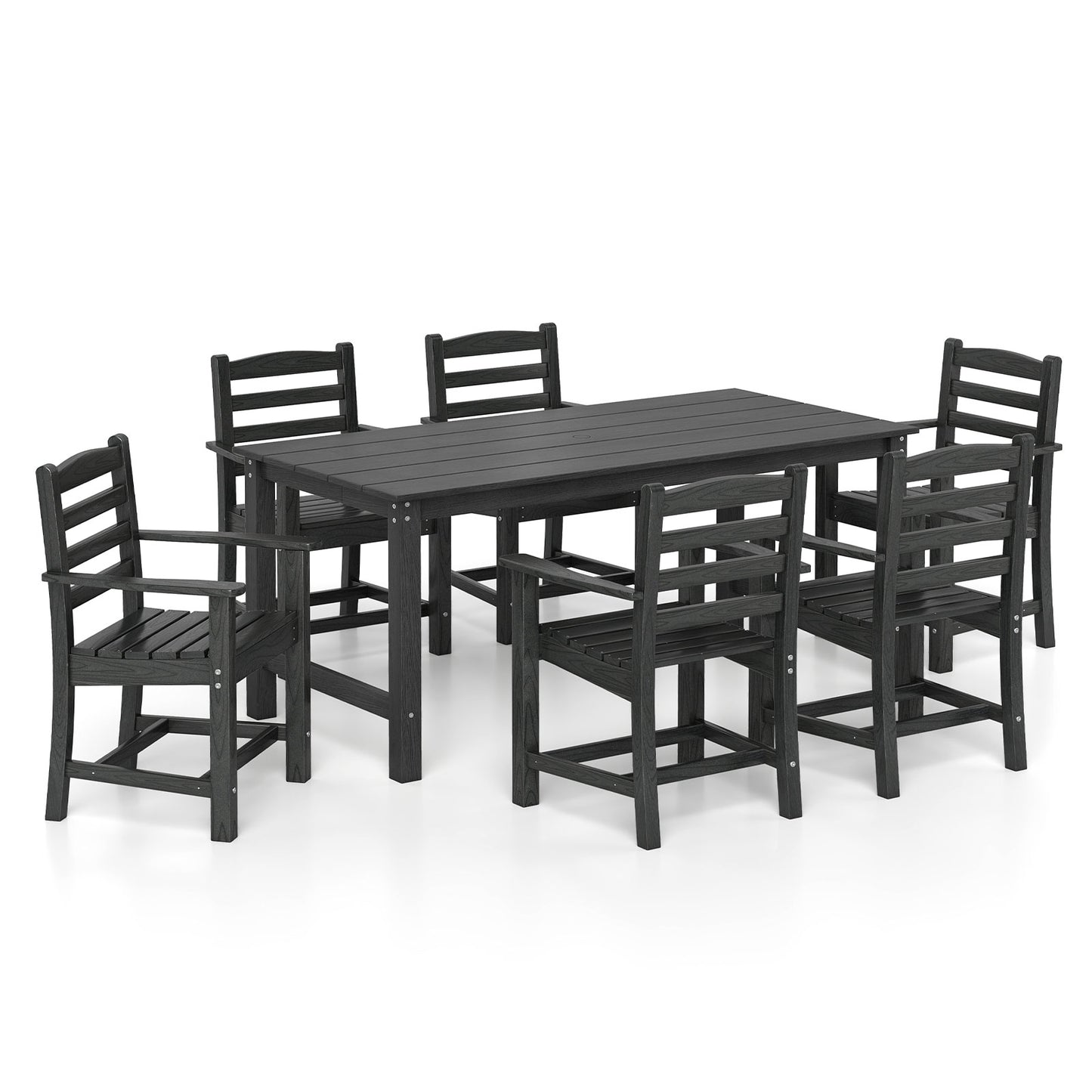 7 Pieces Outdoor Dining Table Set for 6 People 67” HDPE Patio Rectangle Table and 6 Armchairs, Black Patio Dining Sets at Gallery Canada