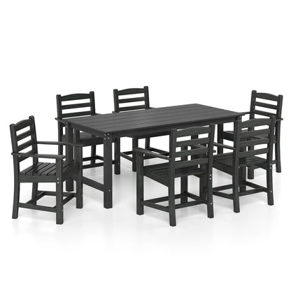 7 Pieces Outdoor Dining Table Set for 6 People 67” HDPE Patio Rectangle Table and 6 Armchairs, Black Patio Dining Sets Black at Gallery Canada