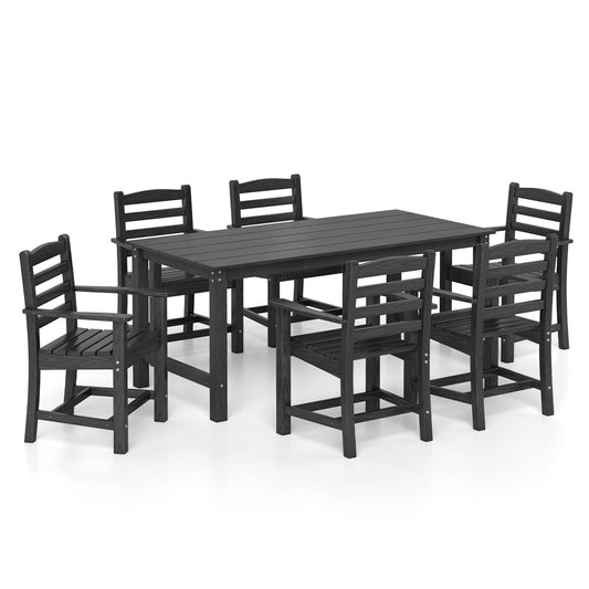 7 Pieces Outdoor Dining Table Set for 6 People 67” HDPE Patio Rectangle Table and 6 Armchairs, Black Patio Dining Sets Black at Gallery Canada