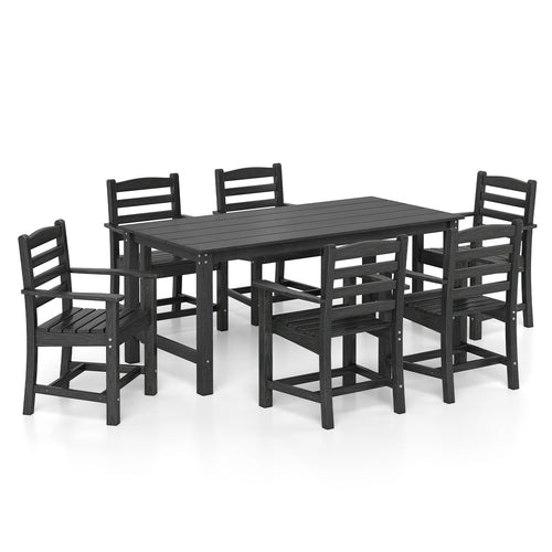 7 Pieces Outdoor Dining Table Set for 6 People 67” HDPE Patio Rectangle Table and 6 Armchairs, Black