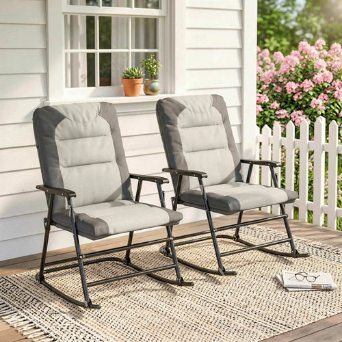 Folding Rocking Chair Set, 2 Padded Rockers with Armrest, Light Grey