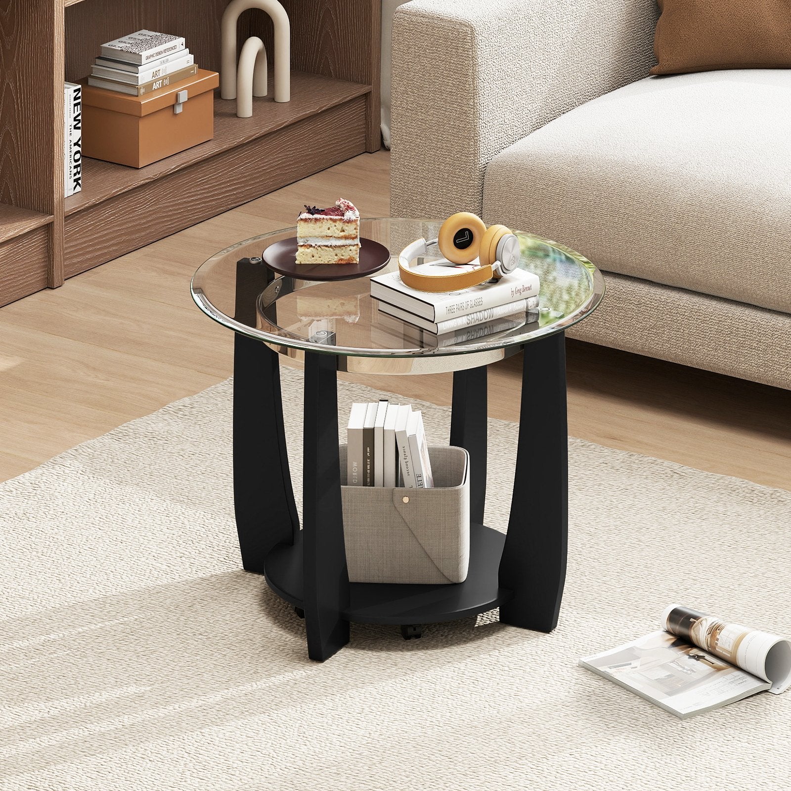 32" 2-Tier Glass Round Coffee Table with Storage Shelf, Black Coffee Tables at Gallery Canada