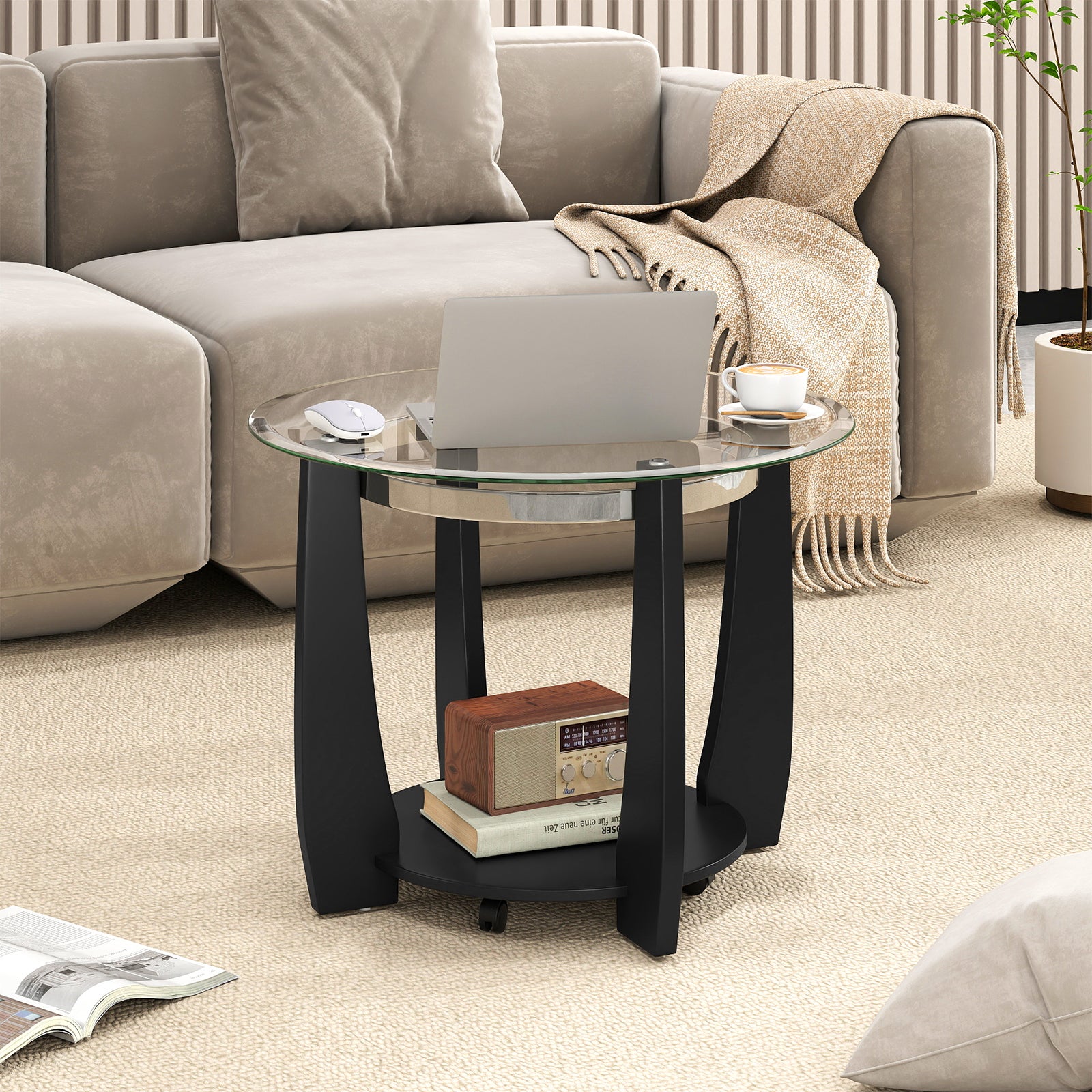 32" 2-Tier Glass Round Coffee Table with Storage Shelf, Black Coffee Tables at Gallery Canada