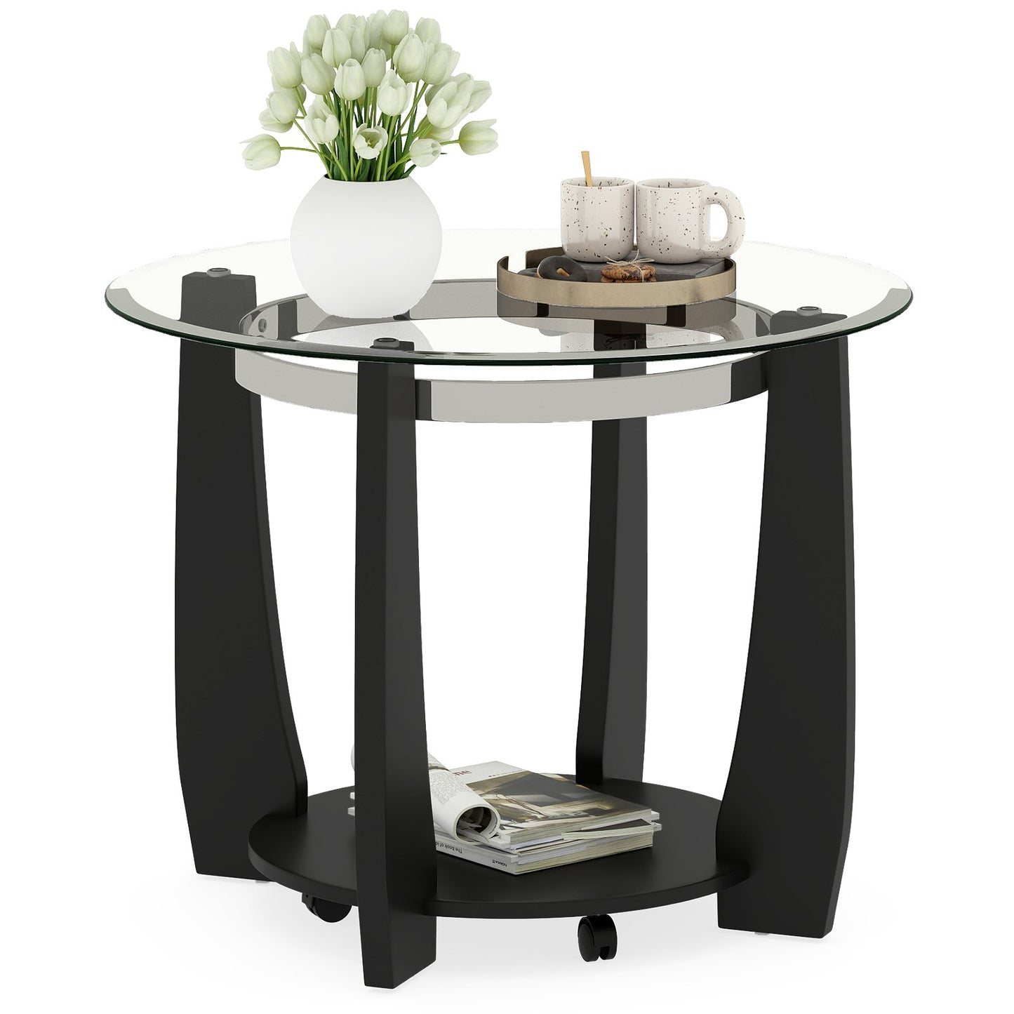 32" 2-Tier Glass Round Coffee Table with Storage Shelf, Black Coffee Tables Black at Gallery Canada