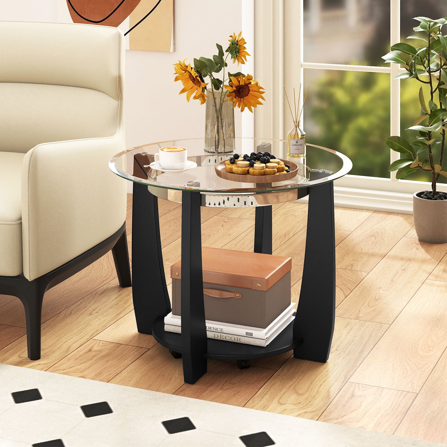 32" 2-Tier Glass Round Coffee Table with Storage Shelf, Black Coffee Tables at Gallery Canada