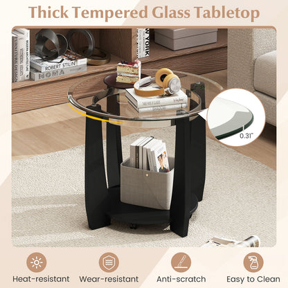 32" 2-Tier Glass Round Coffee Table with Storage Shelf, Black Coffee Tables at Gallery Canada