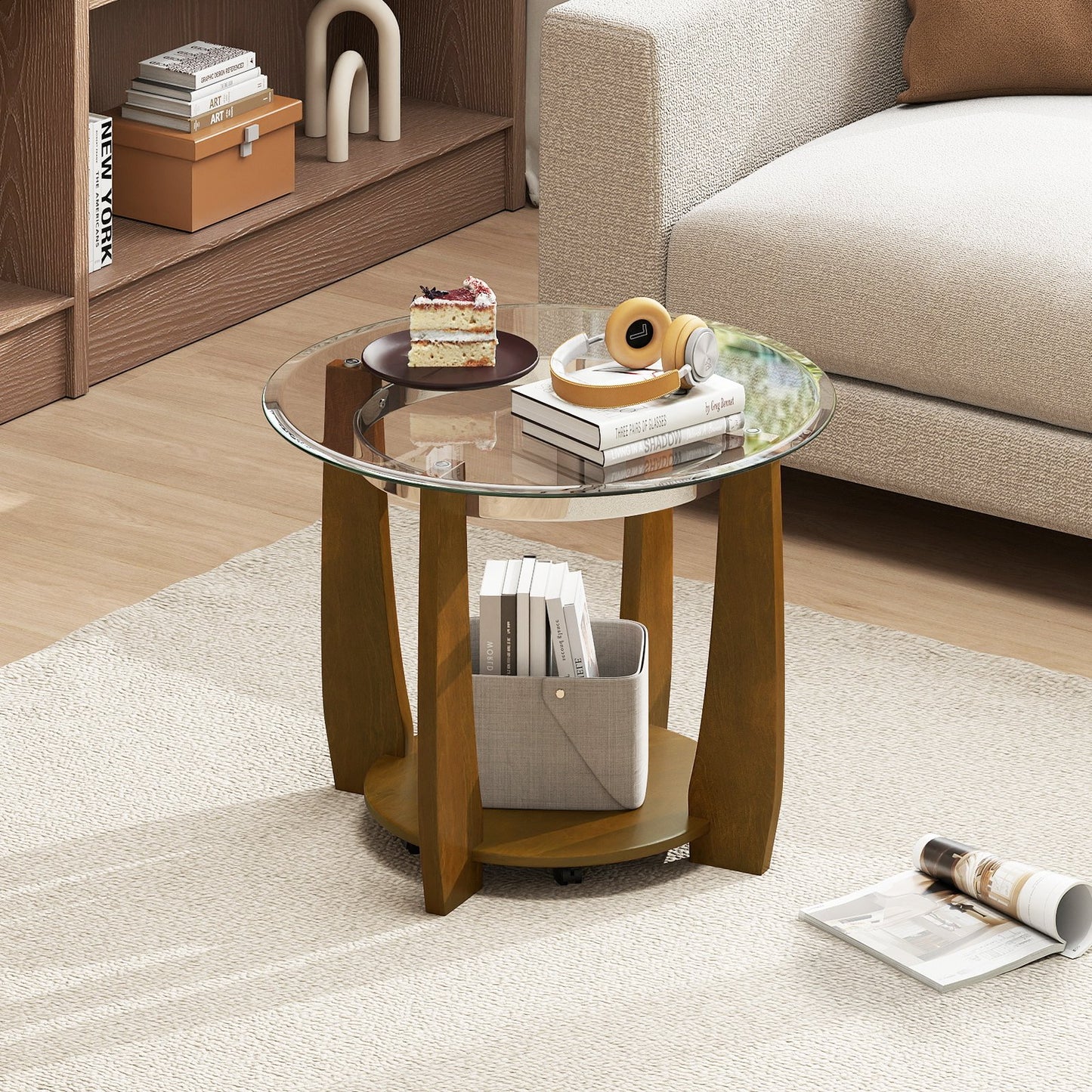 32" 2-Tier Glass Round Coffee Table with Storage Shelf, Walnut Coffee Tables at Gallery Canada
