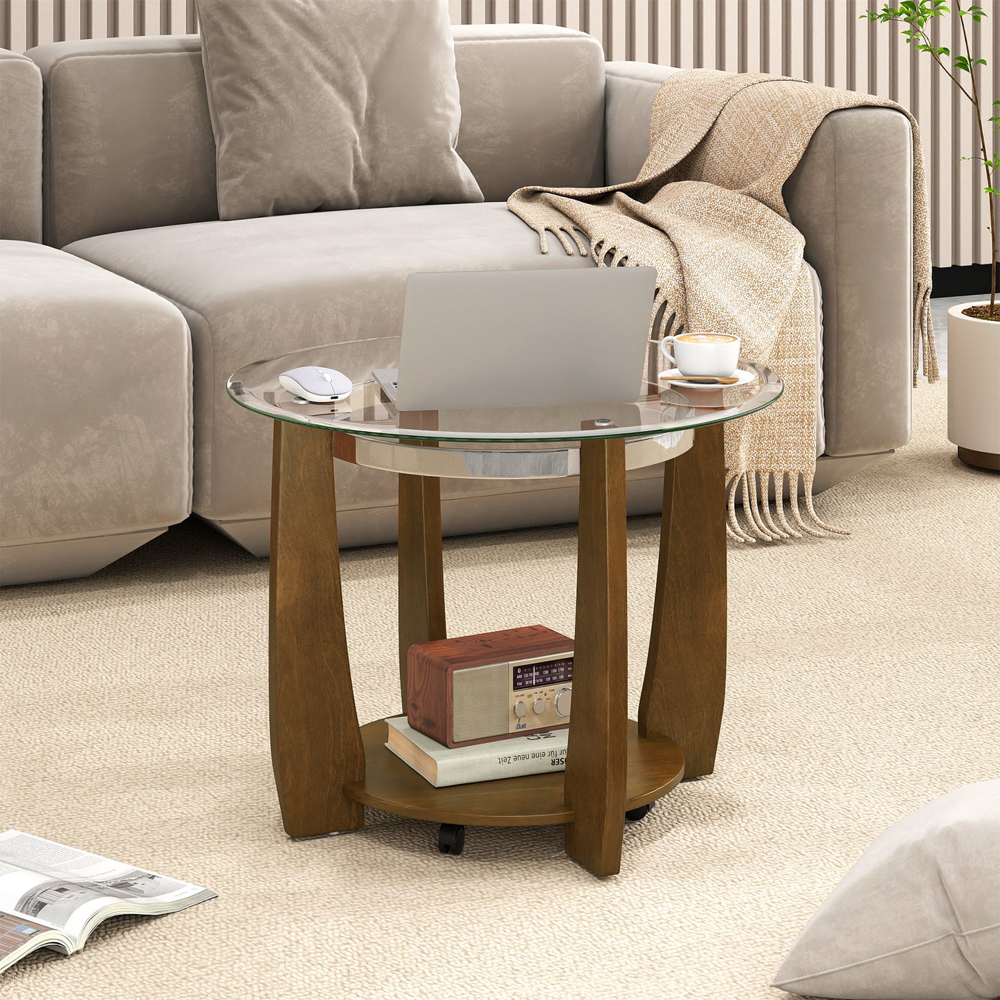 32" 2-Tier Glass Round Coffee Table with Storage Shelf, Walnut Coffee Tables at Gallery Canada