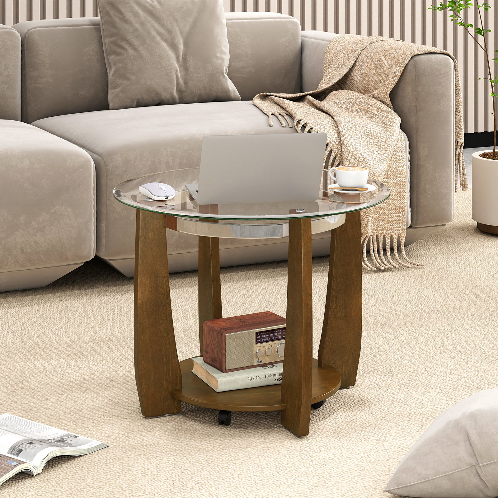 32" 2-Tier Glass Round Coffee Table with Storage Shelf, Walnut Coffee Tables at Gallery Canada