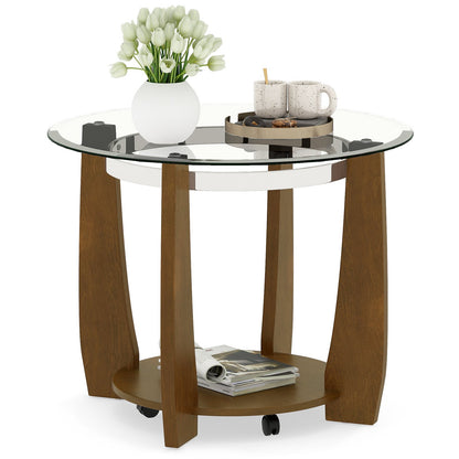 32" 2-Tier Glass Round Coffee Table with Storage Shelf, Walnut Coffee Tables Walnut at Gallery Canada